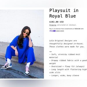 Dressed in LALA Lex Ribbed Playsuit set, Medium, Royal Blue, Like new condition!